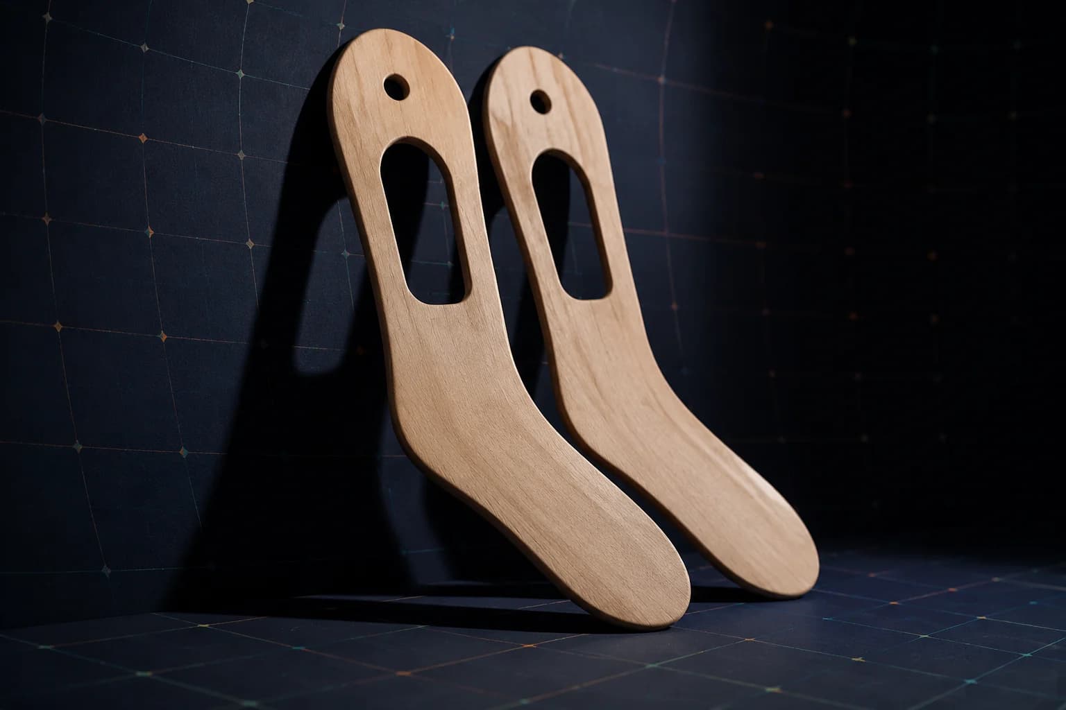 Two plain wooden sock blocker forms leaning against a dark wall, with no socks on them.