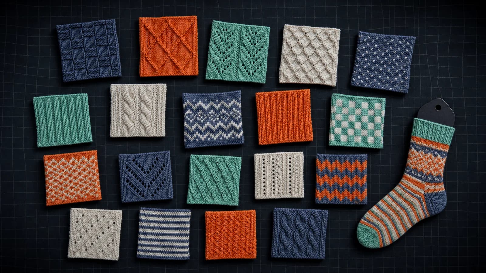 Many small knitted swatch squares laid out on a dark surface in a staggered, irregular grid.