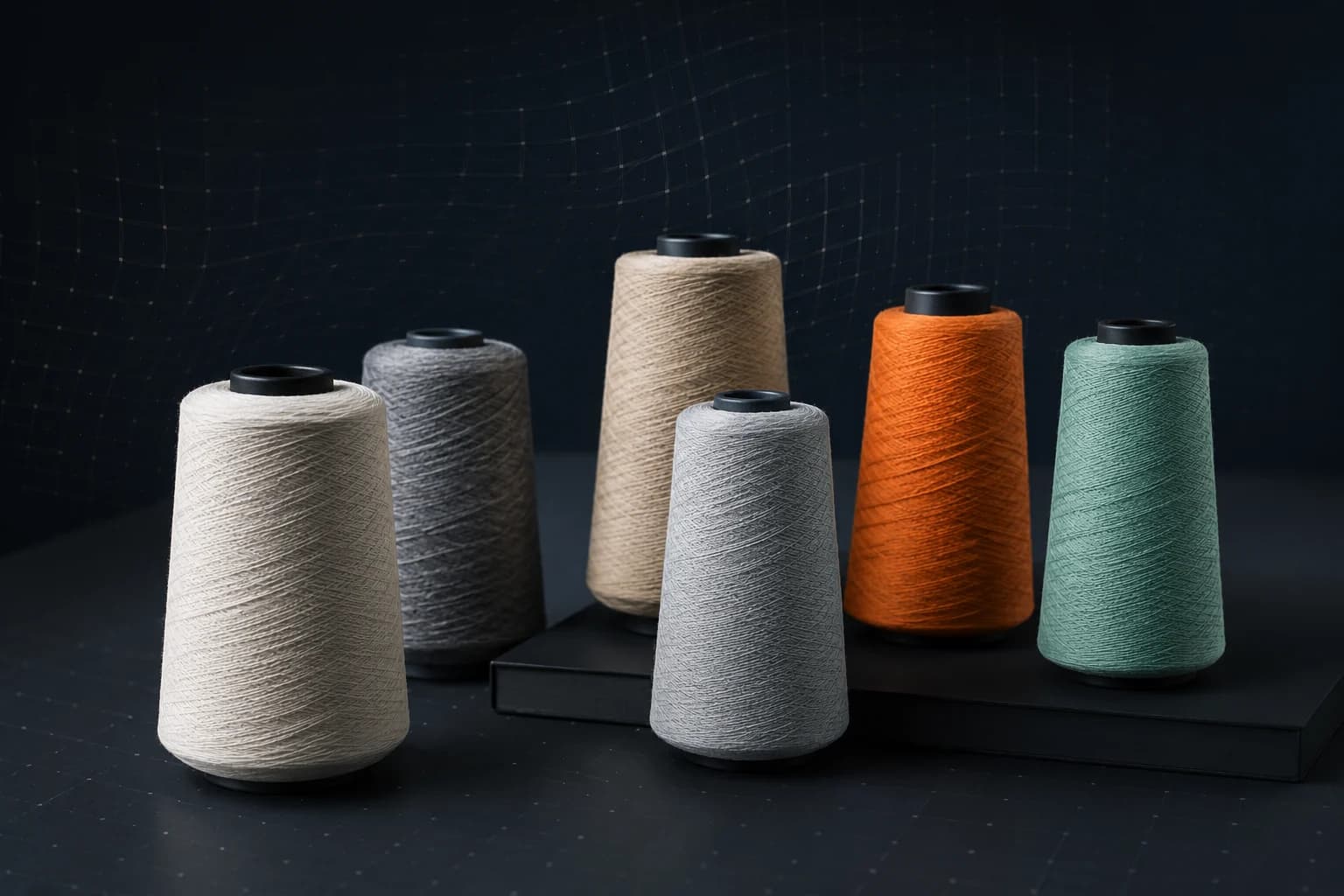 Cones of fine knitting yarn on a dark industrial surface, one orange and one mint among neutrals.