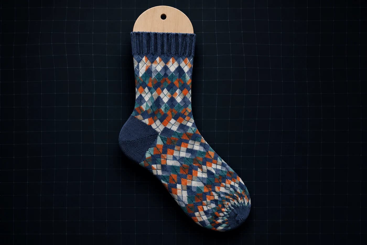 Diamonds on a sock form. A regular lattice shears where the knit turns the ankle. Modelled stretch, not a photograph of a worn sock.