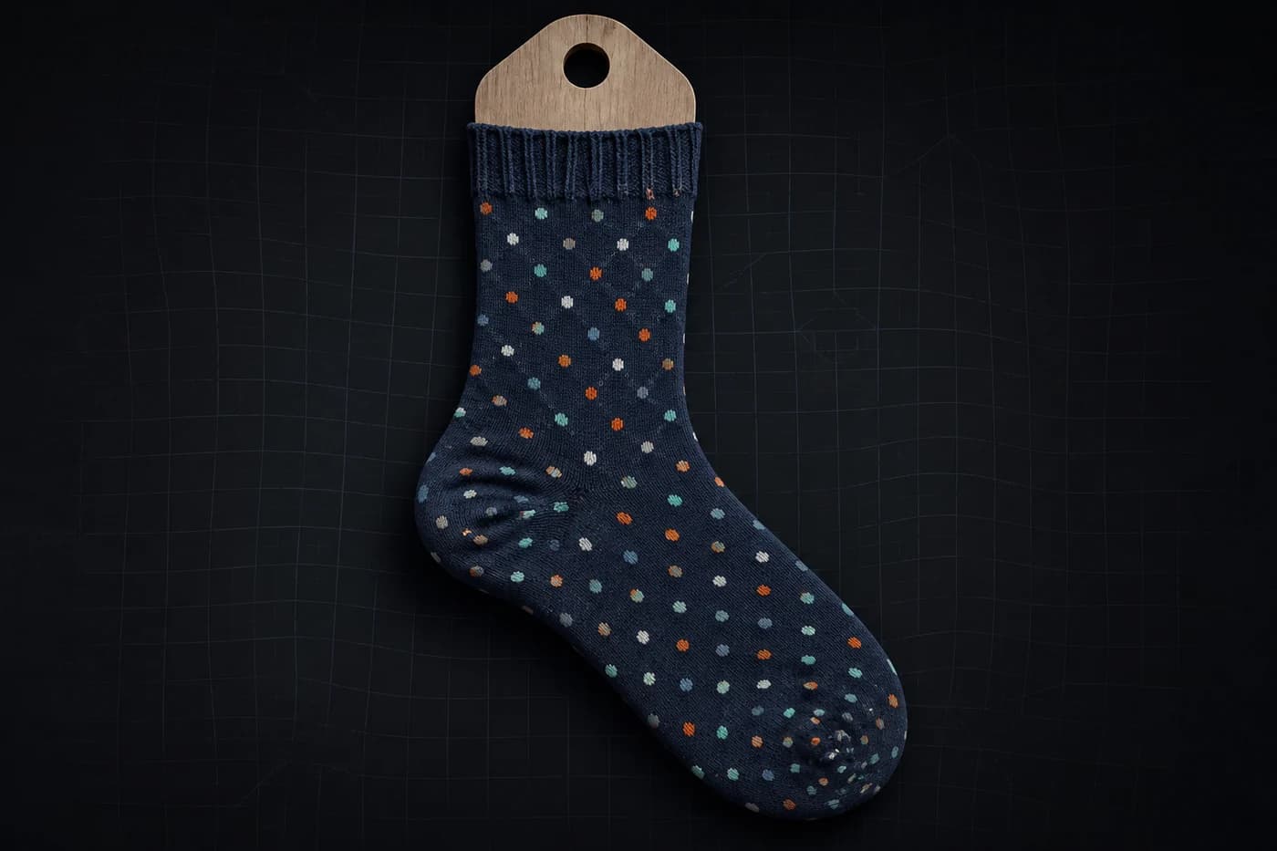 Even dots on a sock form. Circles at the heel are ellipses. Nothing about the flat shot said so. Modelled stretch, not a photograph of a worn sock.