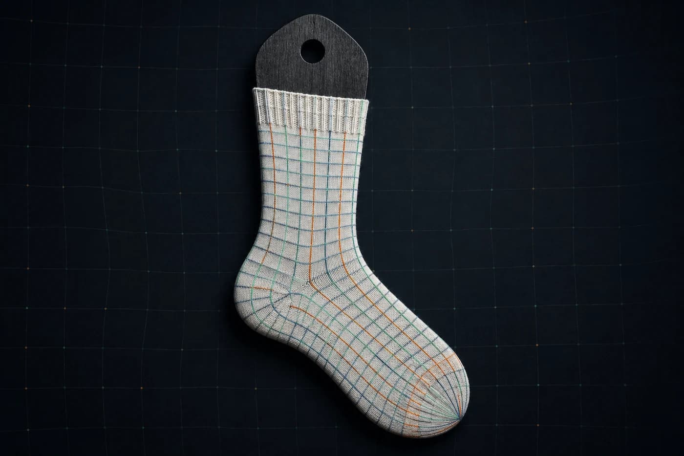 Fine grid on a sock form. A square graph stops being square in four places at once. Modelled stretch, not a photograph of a worn sock.