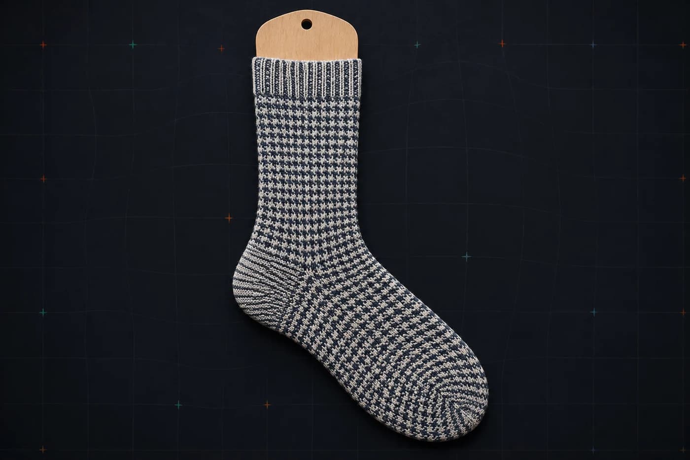 Small houndstooth on a sock form. A dense repeat crowds itself at the toe hemisphere. Modelled stretch, not a photograph of a worn sock.