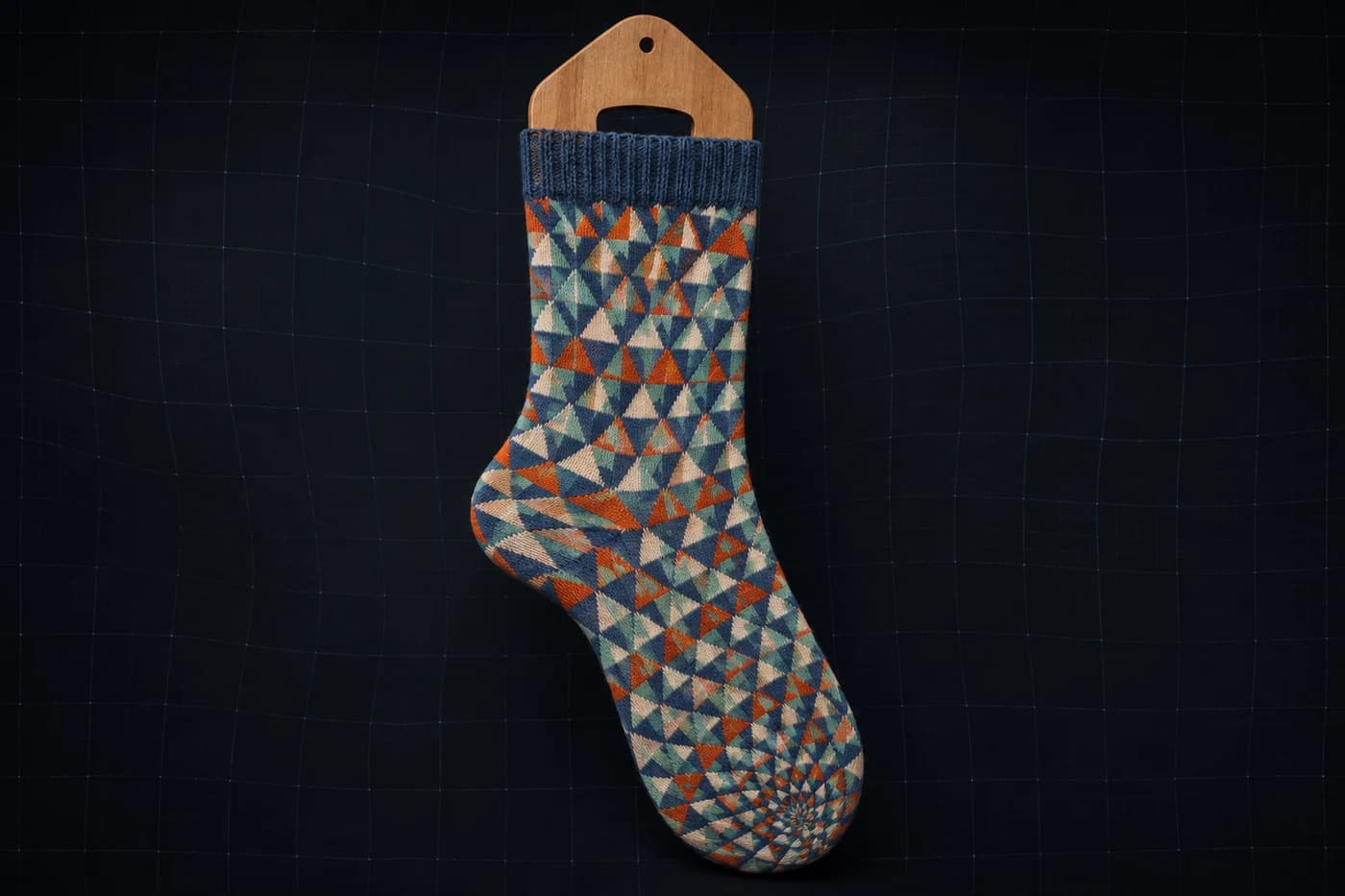 Tessellation on a sock form. Tiling that closes flat does not close on a hemisphere. Modelled stretch, not a photograph of a worn sock.
