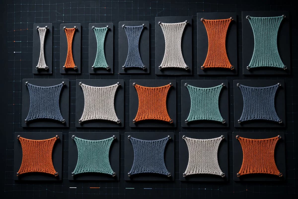 Small knitted swatch cards pinned on a dark board in an irregular grid.