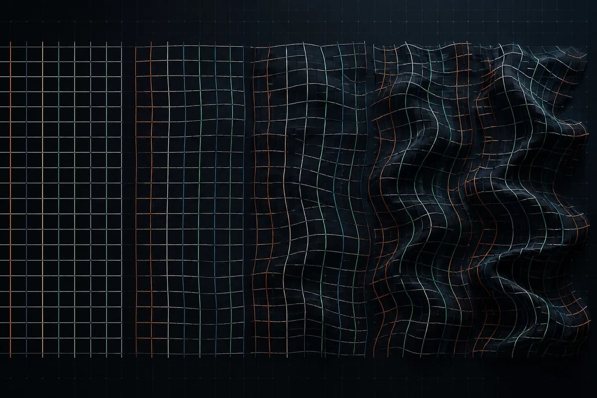 A regular grid morphing into a non-uniform warped mesh across five bands.