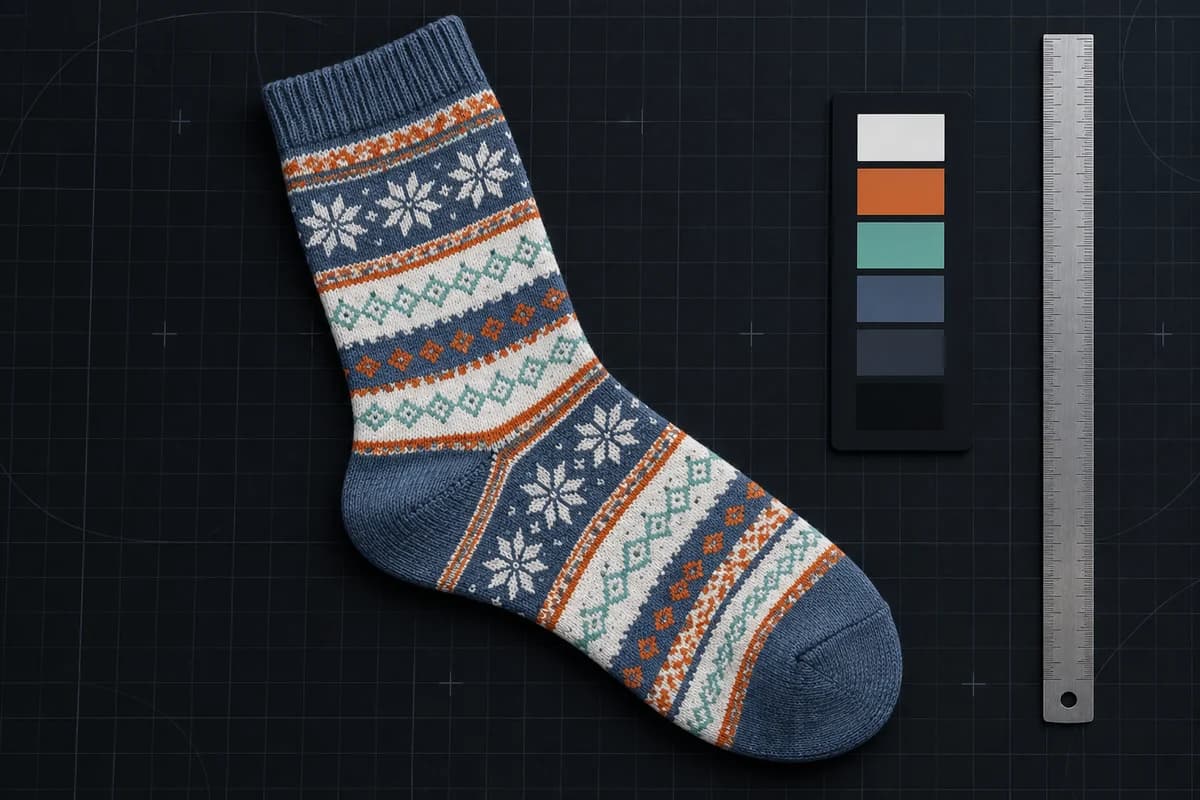 A patterned sock lying flat on a dark surface next to a metal ruler and a colour card.